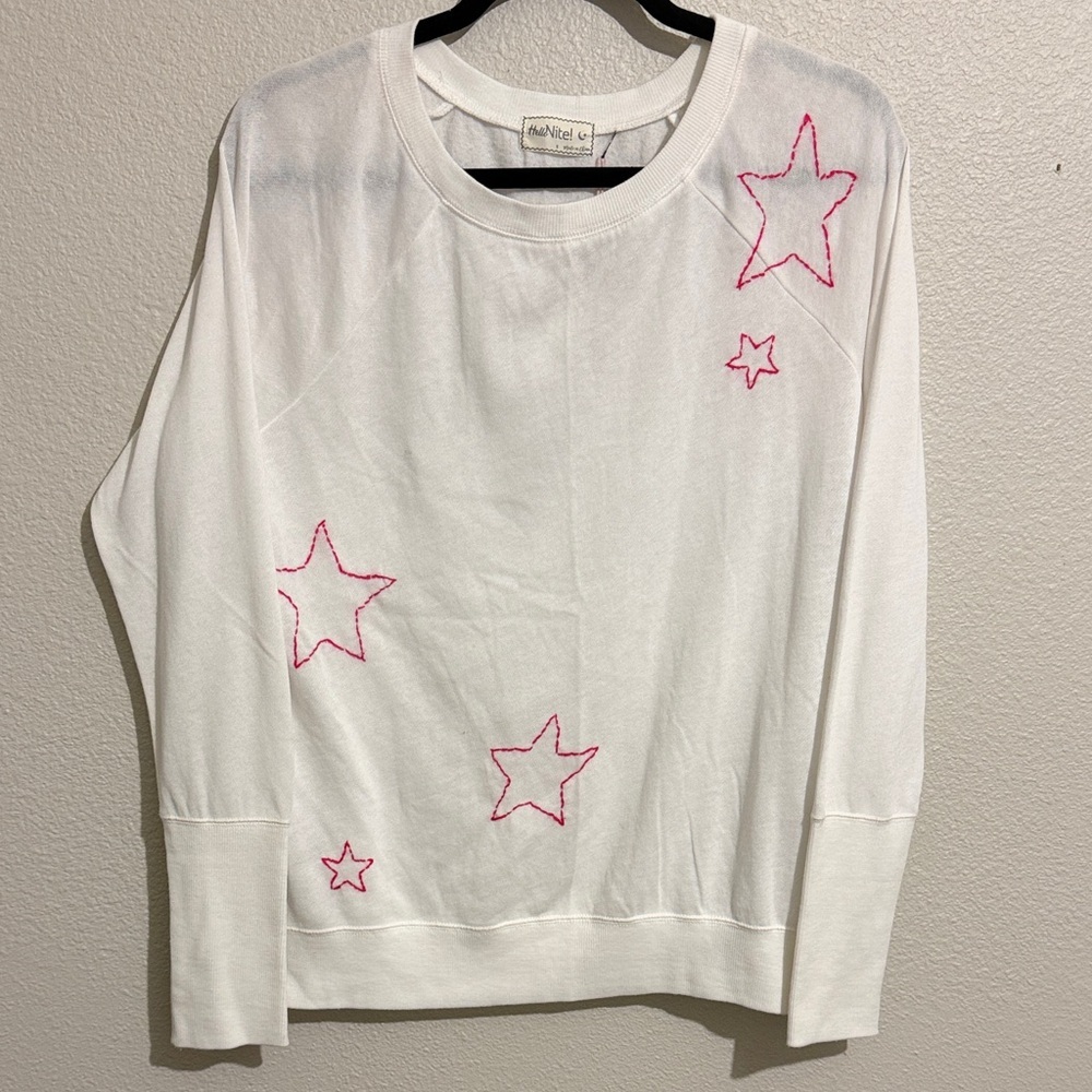 Hello Nite Pink Star Embroidery Long Sleeve Top Lightweight
